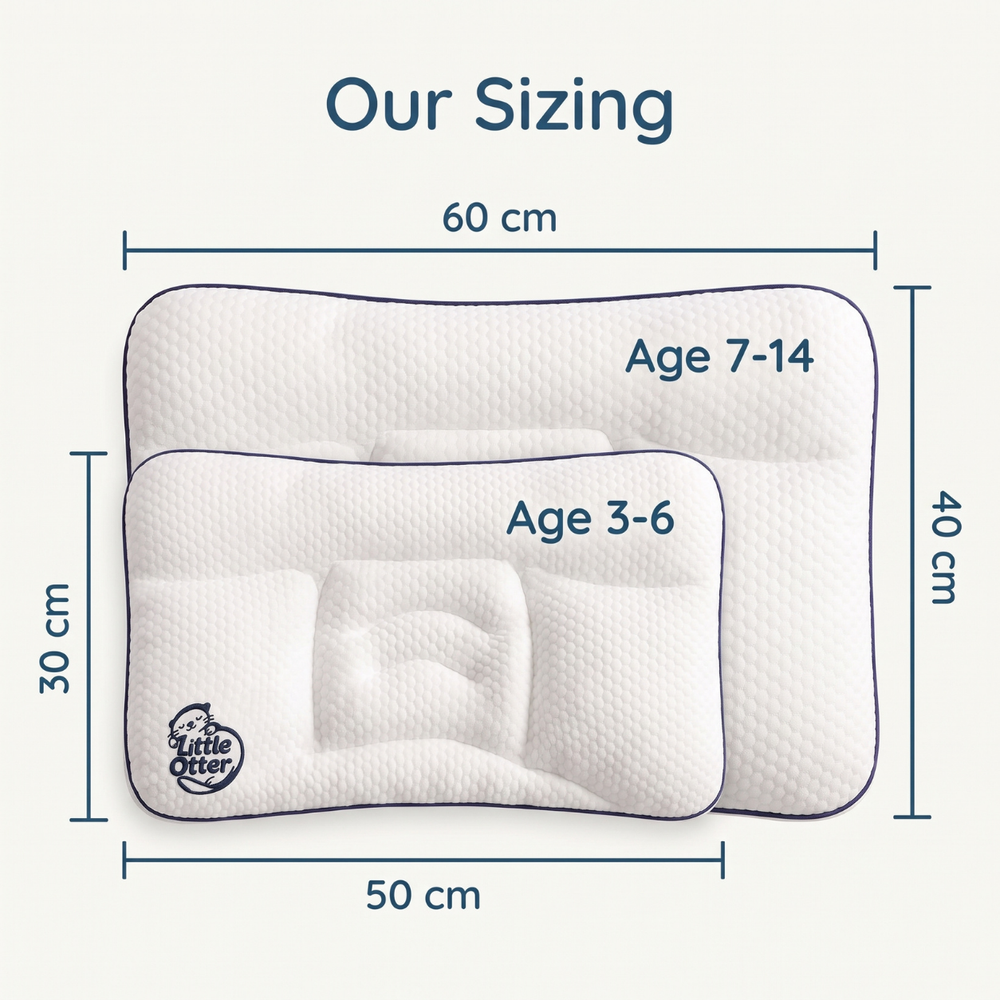 Both pillow sizes shown to scale: the Age 7-14 at 60 by 40 centimetres, with the Age 3-6 at 50 by 30 centimetres inside its footprint