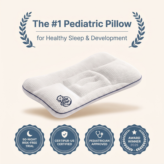 The Little Otter contoured kids posture pillow, side view showing the neck contour