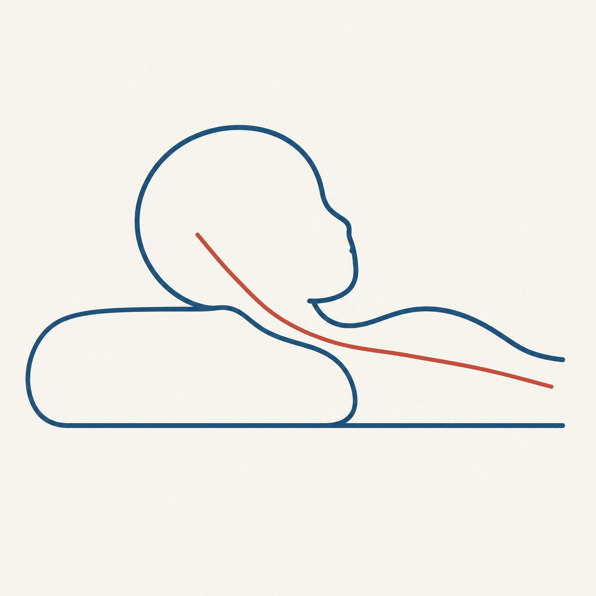 A child's head propped above the mattress line on a standard pillow, chin tucked toward the chest