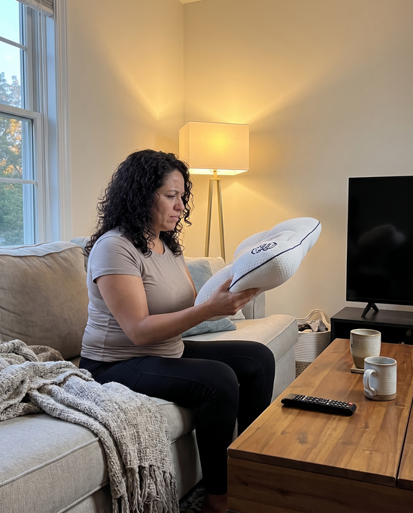 A mother looking at the Little Otter pillow for the first time on the sofa