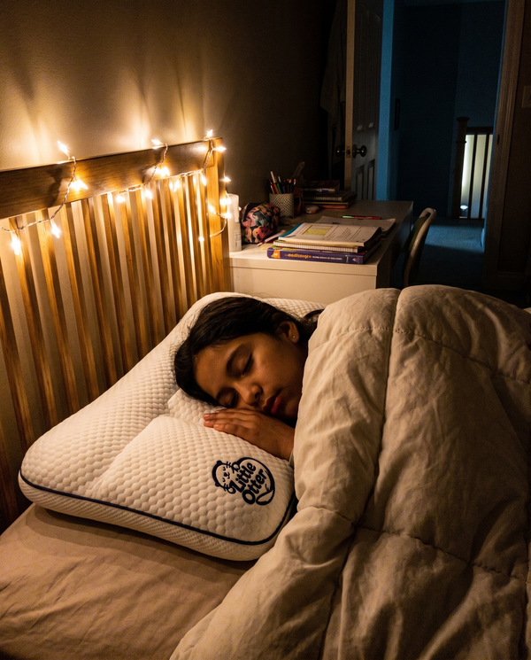 A girl asleep on the Little Otter pillow, seen from the foot of the bed