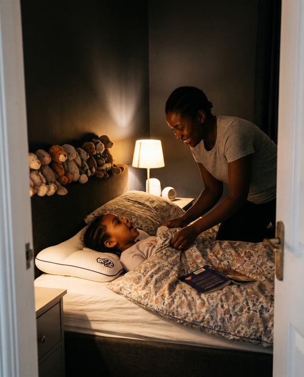 A mother tucking her daughter in, the Little Otter pillow on the bed