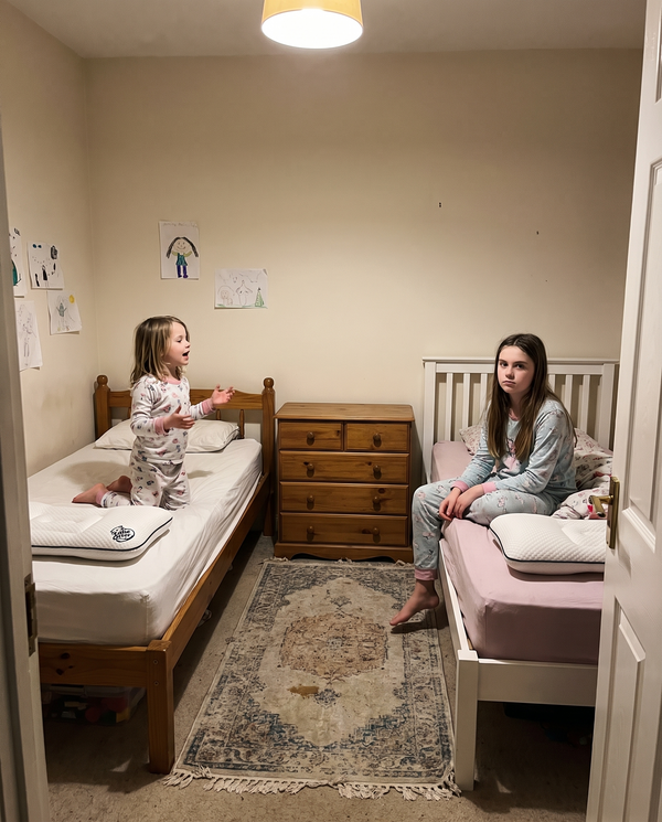 Two sisters in a shared bedroom, each with a Little Otter pillow