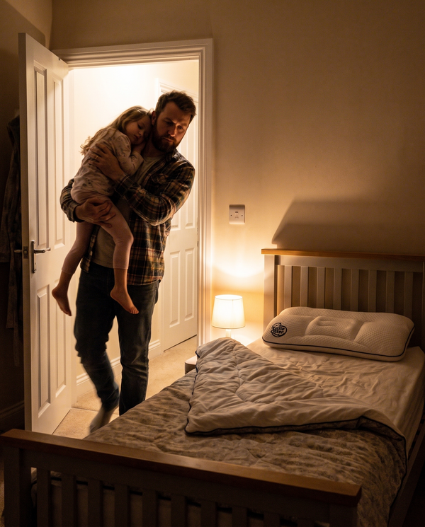 A father carrying his sleeping daughter to a bed with the Little Otter pillow on it