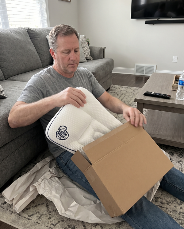 A father unboxing the Little Otter pillow on the living room floor