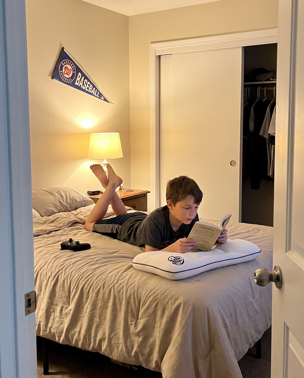 An older boy sitting up reading, propped against the Little Otter pillow